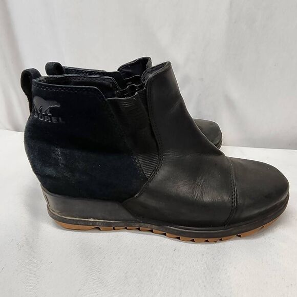 Sorel Women's 7.5 Evie Pull-On Bootie Waterproof Black Suede Leather Wedge Ankle - Picture 2 of 10